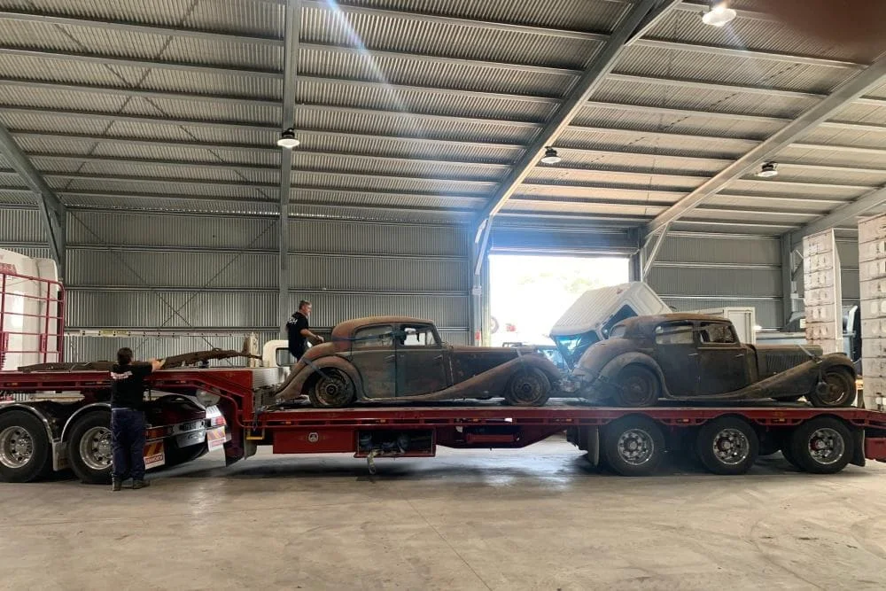 Two 1937 SS Saloons being transported from NSW to Finch in the Adelaide Hills